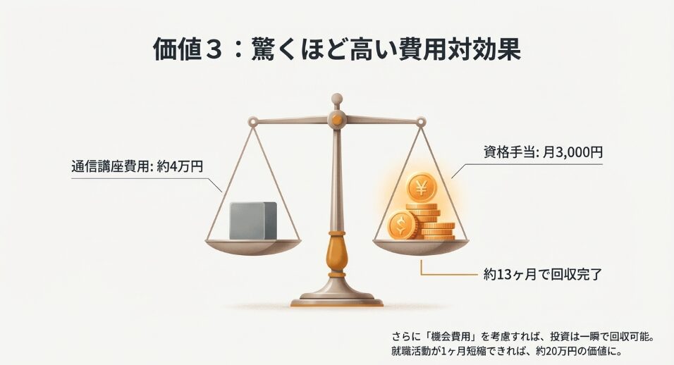 資格取得にかかる費用と毎月の資格手当を天秤にかけ、約13ヶ月で投資回収が可能であることを示したイラスト。