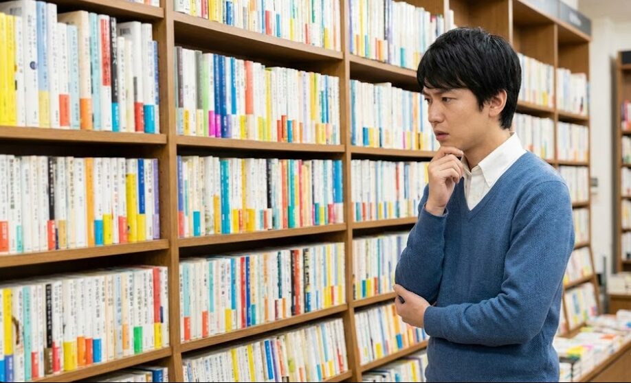 書店で大量の介護福祉士参考書を前にどれを選べばよいか迷っている日本人の様子