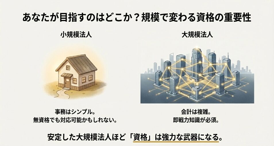 小さな一軒家(小規模事業所)と輝くビル群(大規模法人)を対比させ、大規模なほど資格知識が武器になることを示した図。