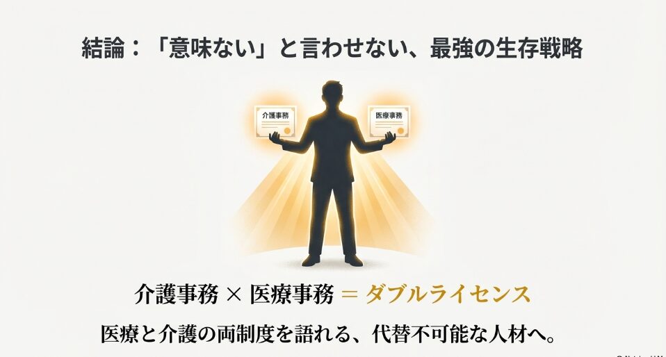 医療事務と介護事務の両方の資格を手に持ち、代替不可能な人材として輝くビジネスパーソンのシルエット。