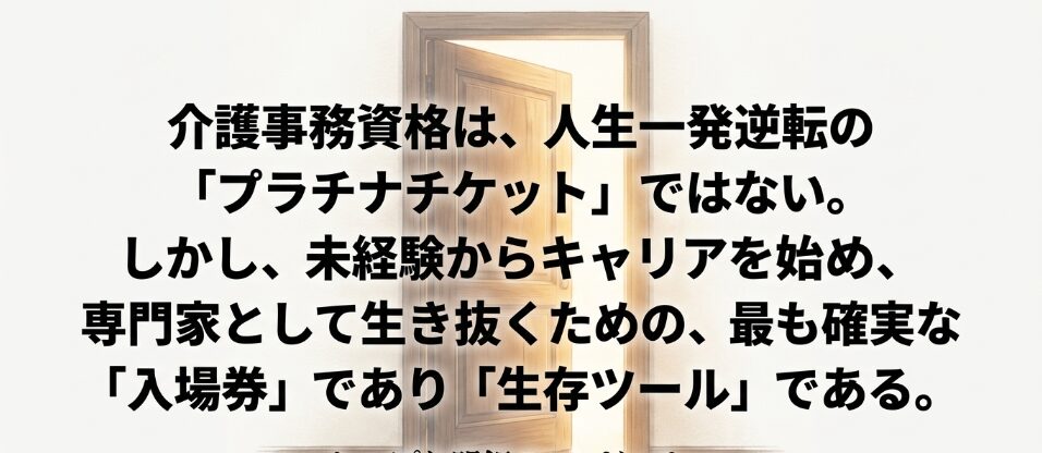 資格は人生を一発逆転させるプラチナチケットではないが、業界で生き抜くための確実な入場券であることを示した対比図。