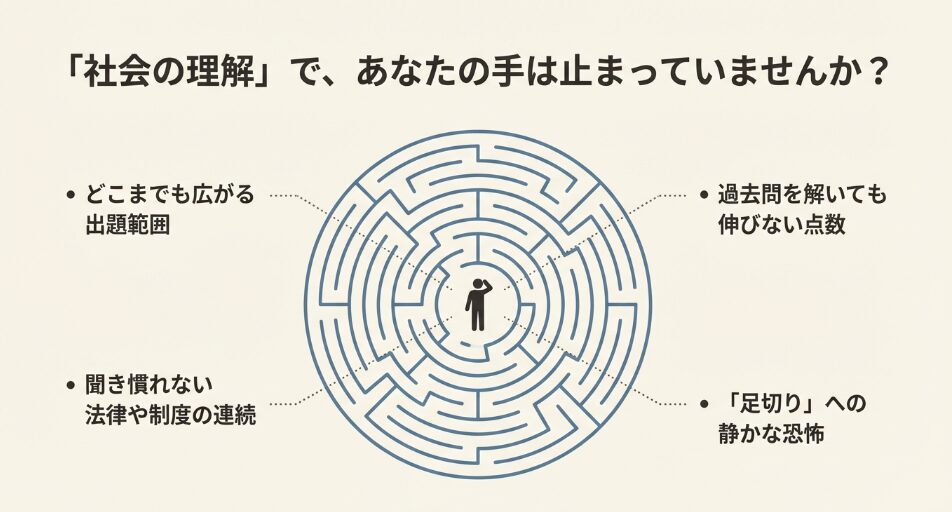 社会の理解等の学習で手が止まってしまう4つの悩み（出題範囲、用語、法制度、足切りへの恐怖）