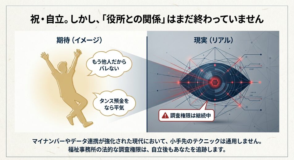 生活保護廃止後も福祉事務所の調査権限は継続中であることを示すイメージ図