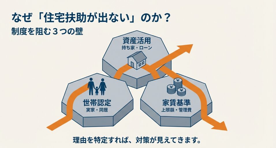 生活保護の住宅扶助受給を阻む「資産活用（持ち家・ローン）」「世帯認定（実家・同居）」「家賃基準（上限額・管理費）」の3つの壁を図解したイラスト。