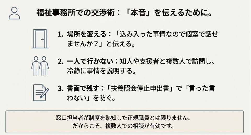 扶養照会を止めるための交渉術。1.場所を変える（個室）、2.一人で行かない（同行者）、3.書面で残す（申出書）の3ステップ解説