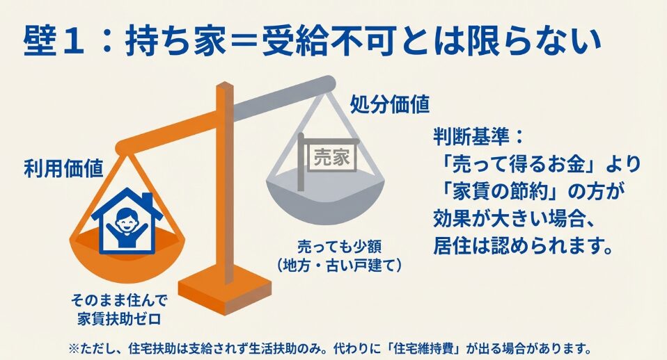 持ち家の利用価値と処分価値を天秤にかけ、売却益よりも家賃節約効果が大きい場合に居住が認められる仕組みを解説した図。