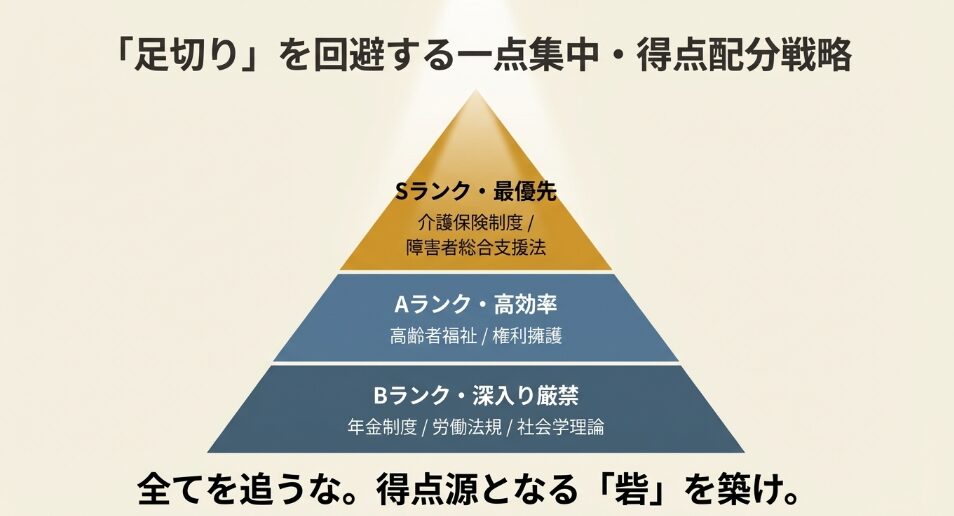 足切りを回避する優先順位ピラミッド。Sランク（介護保険・障害者総合支援法）への一点集中戦略