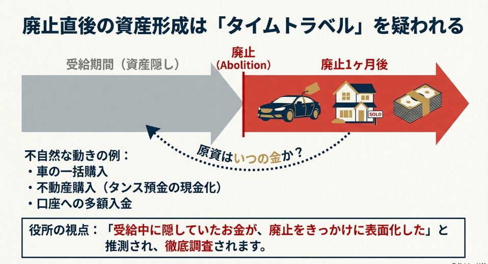廃止直後の高額購入などが受給期間中の資産隠し（タイムトラベル）と疑われる仕組みの解説図