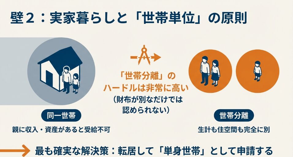 同一世帯認定の原則により実家暮らしでの受給が難しい理由と、世帯分離の厳しさ、最も確実な「転居して単身世帯として申請」という解決策を示したイラスト。