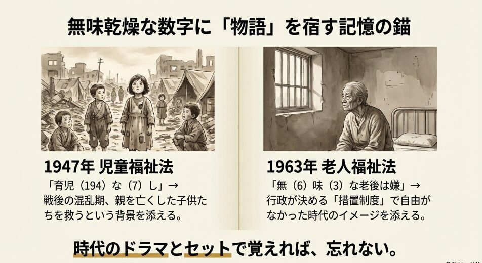 福祉の歴史的背景と年号を物語として記憶するためのイメージイラスト（戦後の児童福祉と老人福祉）