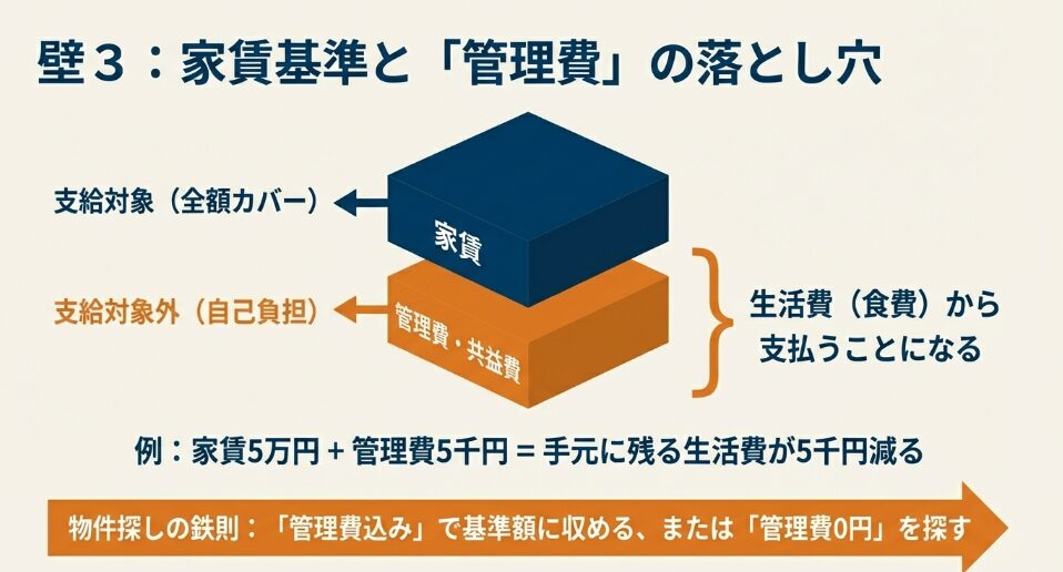 家賃は全額支給されるが管理費・共益費は自己負担となり生活費を圧迫する仕組みと、管理費込み物件を探す重要性を解説した図。