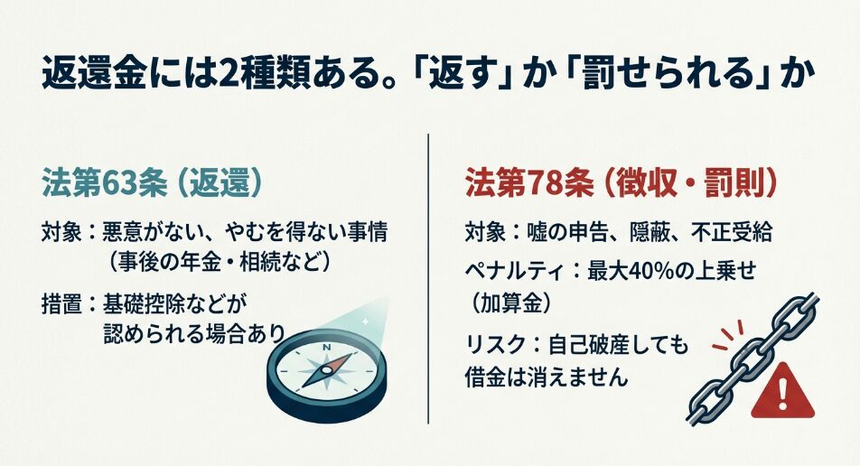 生活保護法第63条（返還）と第78条（不正受給徴収・罰則）の適用ケースとペナルティの違い比較表