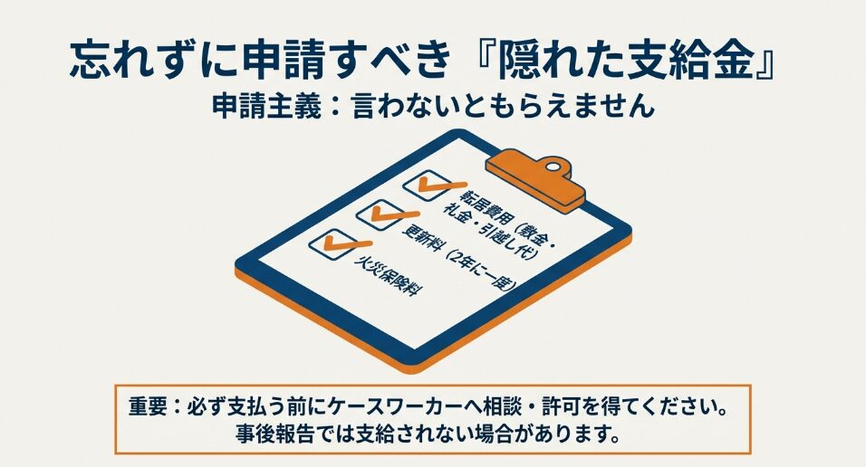 転居費用、更新料、火災保険料など、申請しないともらえない一時金のチェックリスト。事前相談の重要性も記載。