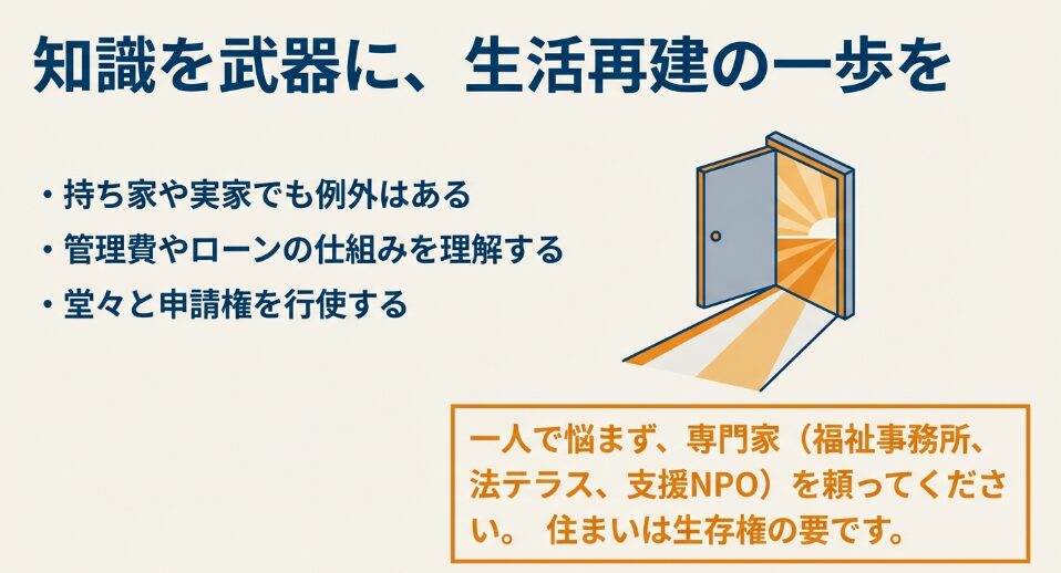知識を持って申請権を行使し、専門家を頼ることで生活再建を目指すよう促す、本記事のまとめメッセージ画像。