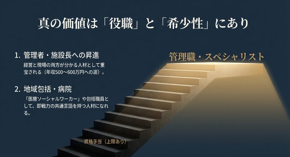 ダブルライセンスの真価は役職と希少性にあり。管理者・施設長への昇進や地域包括・病院での即戦力としての価値