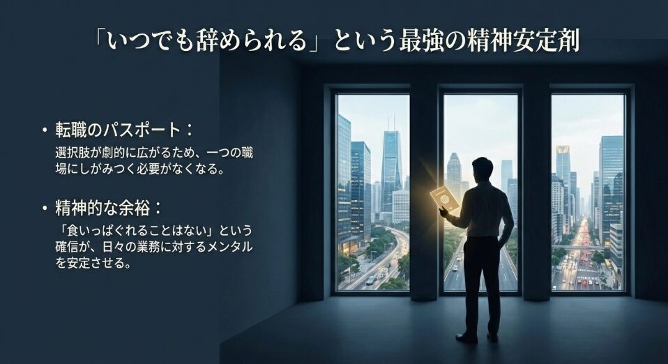 資格を持つことで選択肢が広がり、精神的な余裕が生まれる。「いつでも辞められる」という最強の精神安定剤としての効果