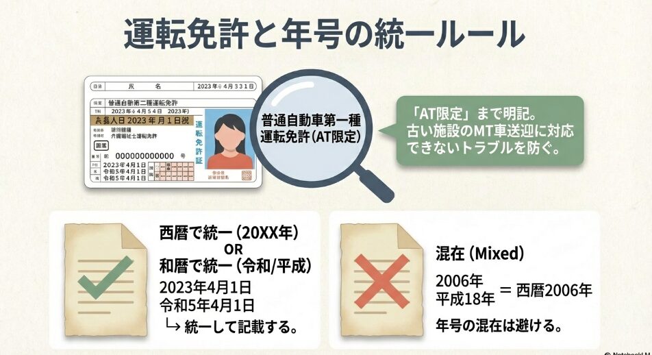 運転免許証のAT限定記載の必要性と、履歴書全体での西暦・和暦の統一ルールについての解説図。
