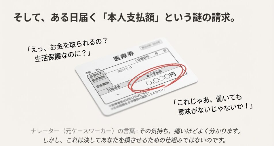 医療券の本人支払額欄に金額が記載され、「働いても意味がない」とショックを受けている様子のイラスト