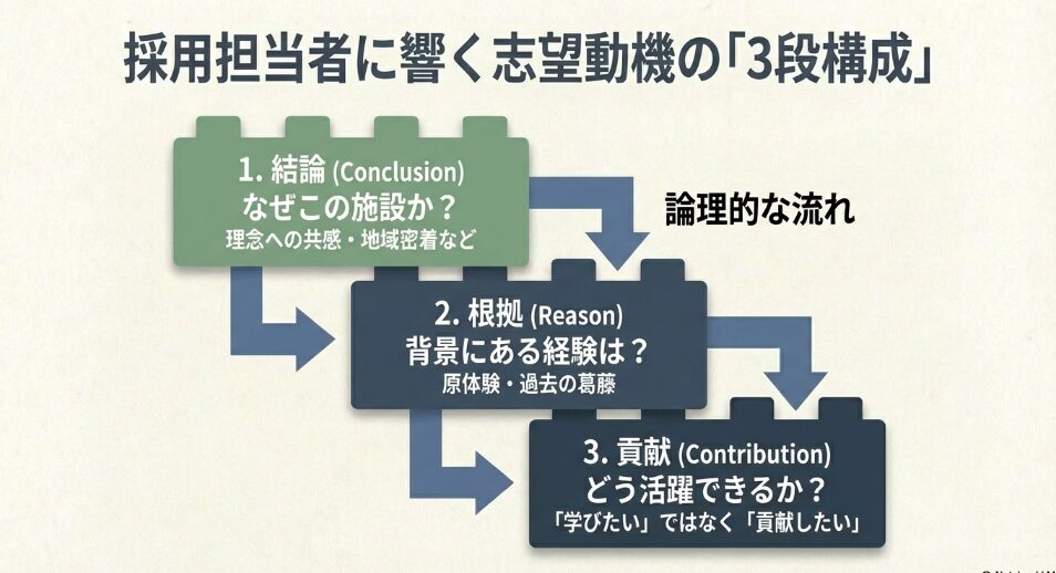 採用担当者に響く志望動機の3段構成フレームワーク。結論(なぜこの施設か)、根拠(背景にある経験)、貢献(どう活躍できるか)の流れを解説。