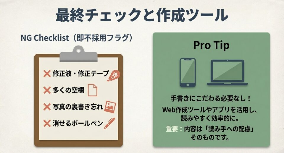 履歴書の不採用フラグとなるNGチェックリスト。修正液の使用、空欄の多さ、写真の裏書き忘れ、消せるボールペンの使用への注意喚起。