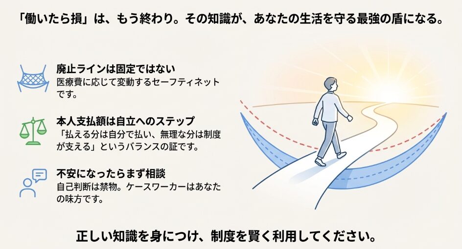 「働いたら損」という誤解を解き、正しい知識を持って自立への道を歩む人のイラスト。廃止ラインは変動することのまとめ