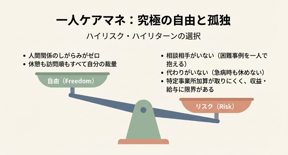 一人ケアマネ(独立型)の自由度とリスクの比較