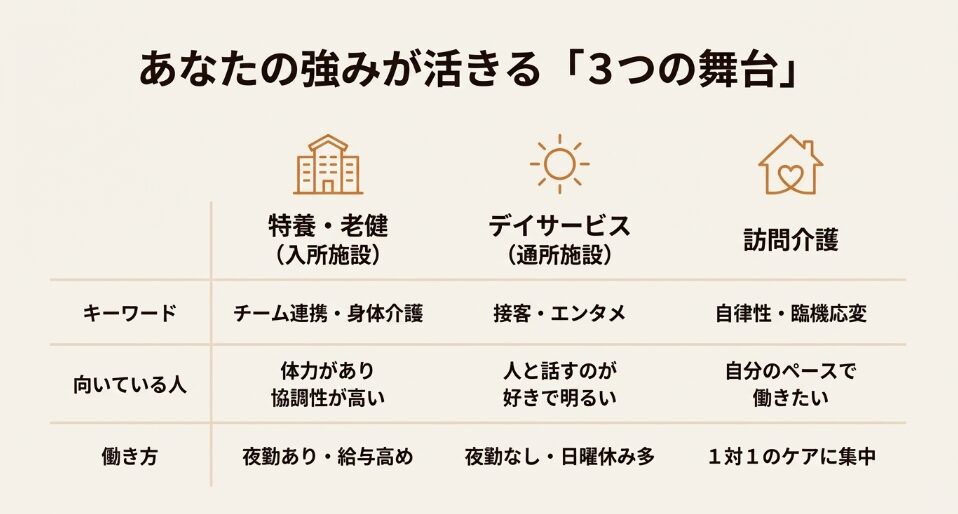 デイサービス・特養・訪問介護の向いている人と働き方比較表