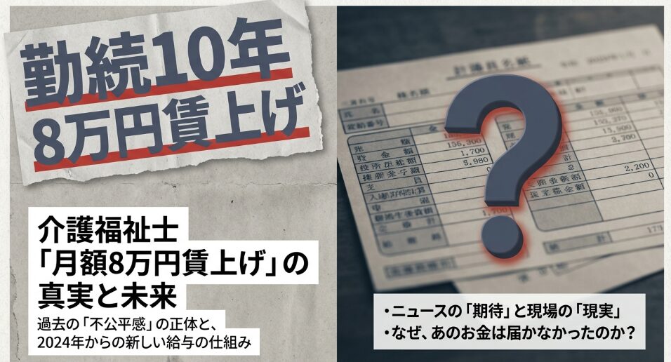 介護福祉士の8万円賃上げの真実と、2024年からの新しい給与の仕組みを解説するタイトルのスライド