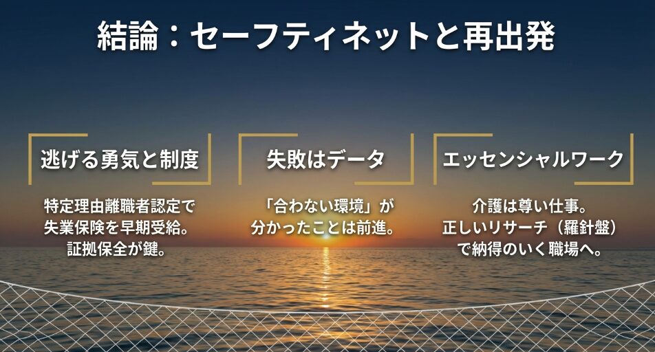 セーフティネットと再出発 。特定理由離職者認定による失業保険の早期受給などの逃げる勇気と制度、合わない環境が分かったという失敗はデータであるという捉え方、正しいリサーチで納得のいく職場へ向かうための指針 。