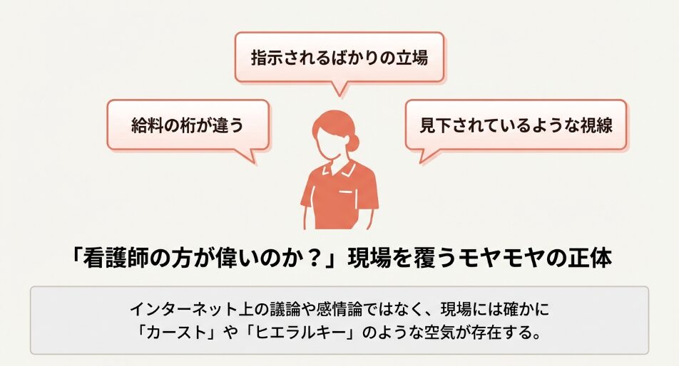 介護福祉士が抱く「給料の桁が違う」「指示されるばかり」「見下されているような視線」という現場の悩みを表したイラスト。