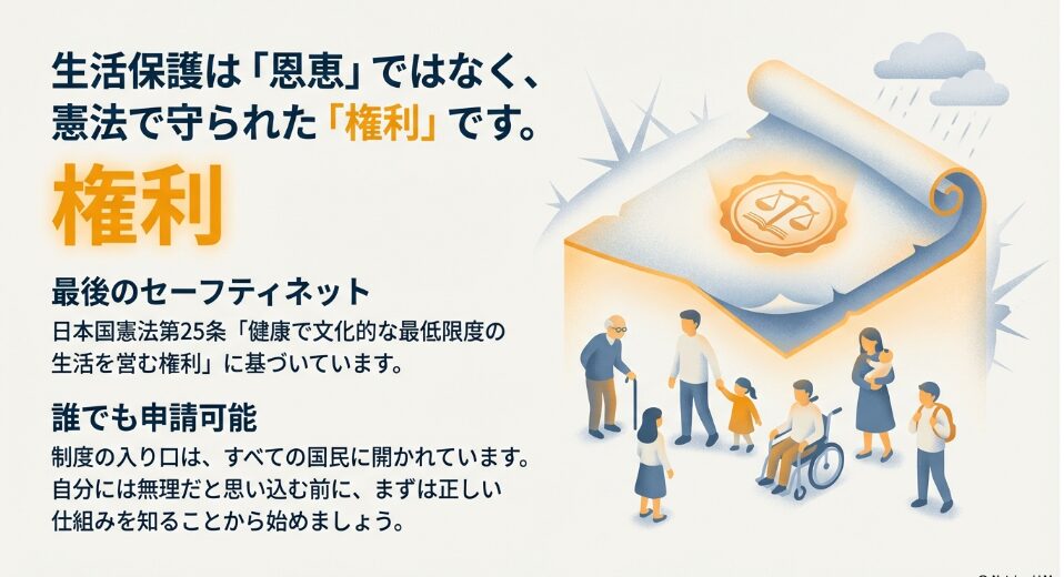 日本国憲法第25条「生存権」と生活保護は「恩恵」ではなく「権利」であることを説明するスライド。