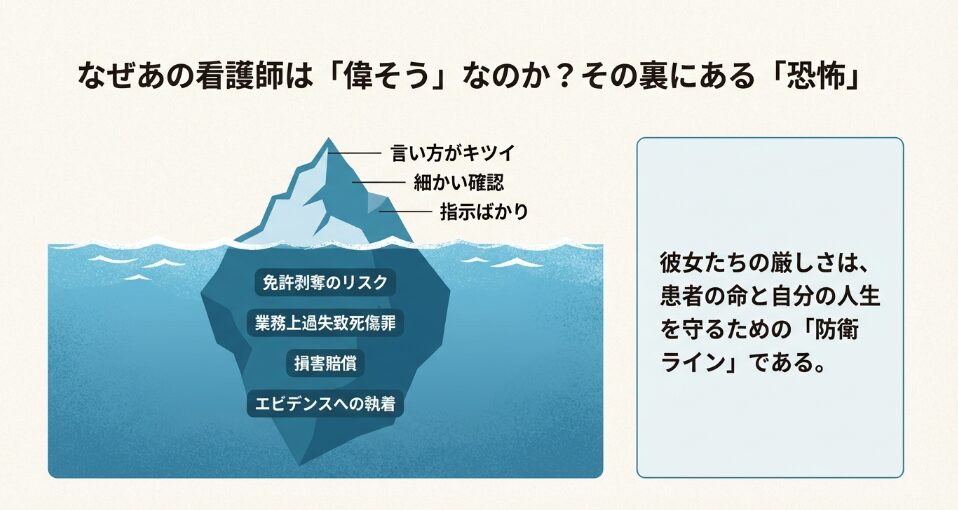 看護師の「言い方がキツイ」「指示ばかり」という態度の水面下に、免許剥奪や業務上過失致死傷罪、損害賠償のリスクがあることを示す氷山のイラスト。