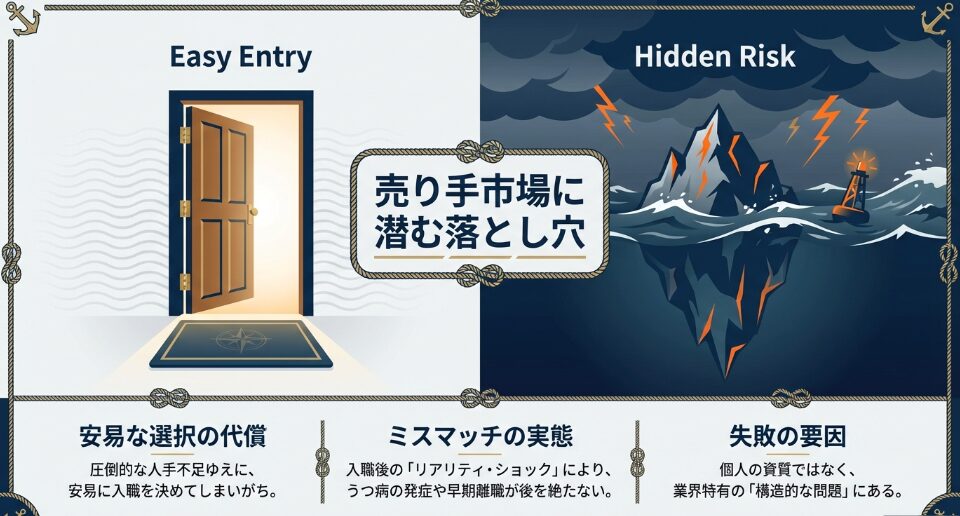 介護転職の売り手市場に潜む落とし穴と安易な選択の代償 。入職後のリアリティ・ショックによる早期離職などミスマッチの実態と、個人の資質ではなく業界特有の構造的な問題にある失敗の要因