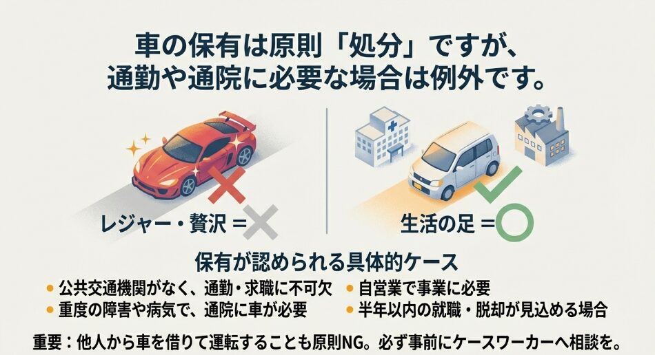 車の保有が例外的に認められる通勤、通院、事業用などの具体例と注意点を解説するスライド。