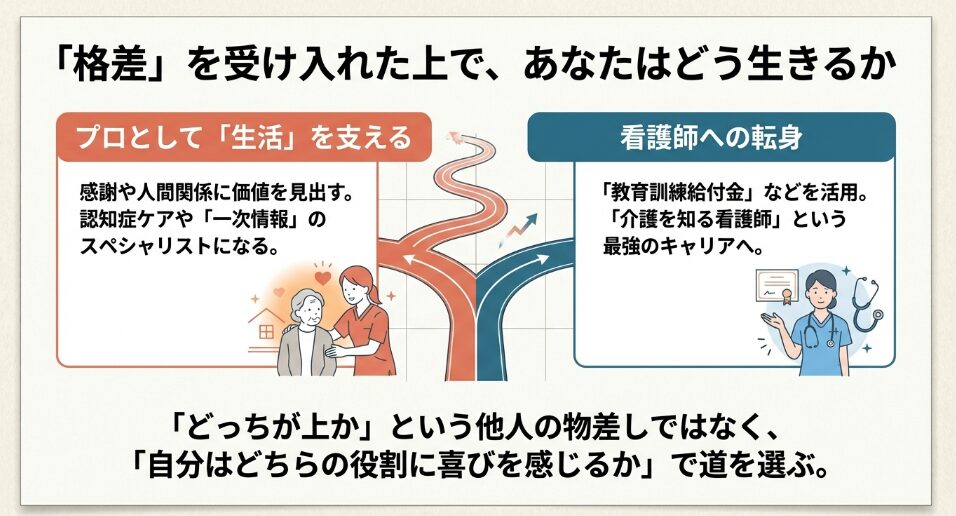 プロとして生活を支えるスペシャリストになる道と、教育訓練給付金を活用して看護師へ転身する道の二つの選択肢を示す図。