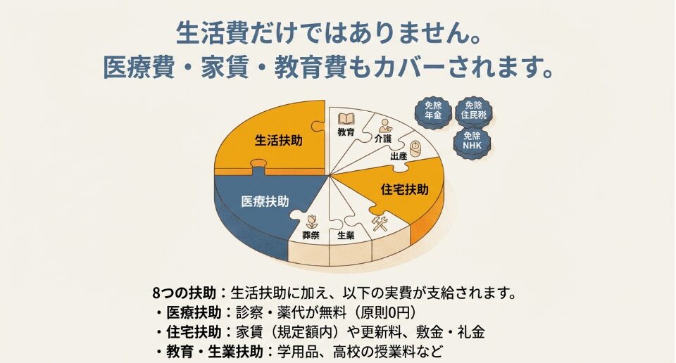 生活扶助のほかに医療、住宅、教育など8つの扶助内容と各種免除（年金・NHK等）をパズル形式で示したスライド。