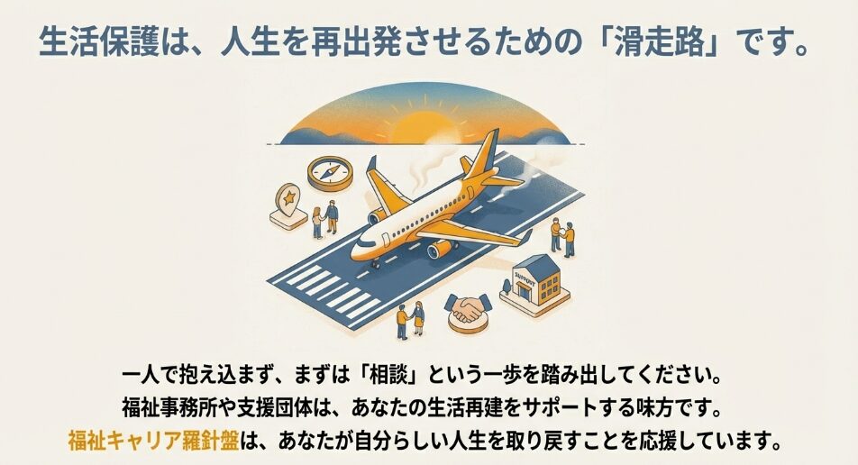 飛行機が飛び立つ滑走路のイラストと共に、生活保護を自立へのステップとして捉えるメッセージのスライド。 