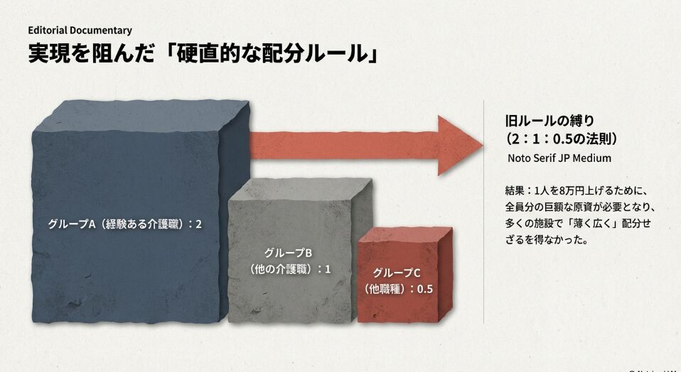 経験ある介護職、その他の介護職、他職種の間で決められていた「2:1:0.5」の配分ルールと、その結果「広く浅い」配分になったことを示す図 。