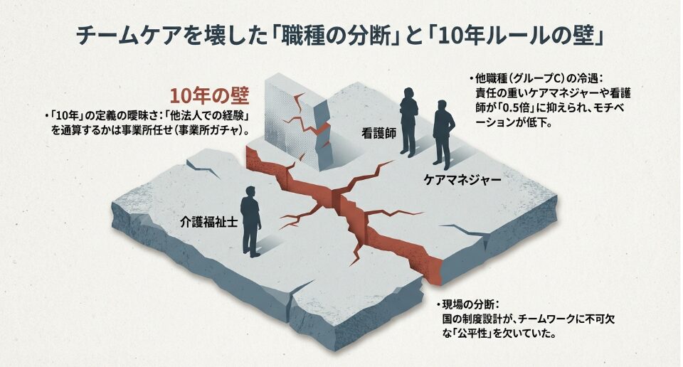 勤続10年の定義の曖昧さと、看護師やケアマネジャーのモチベーション低下を招いた制度設計の課題を説明するスライド 。