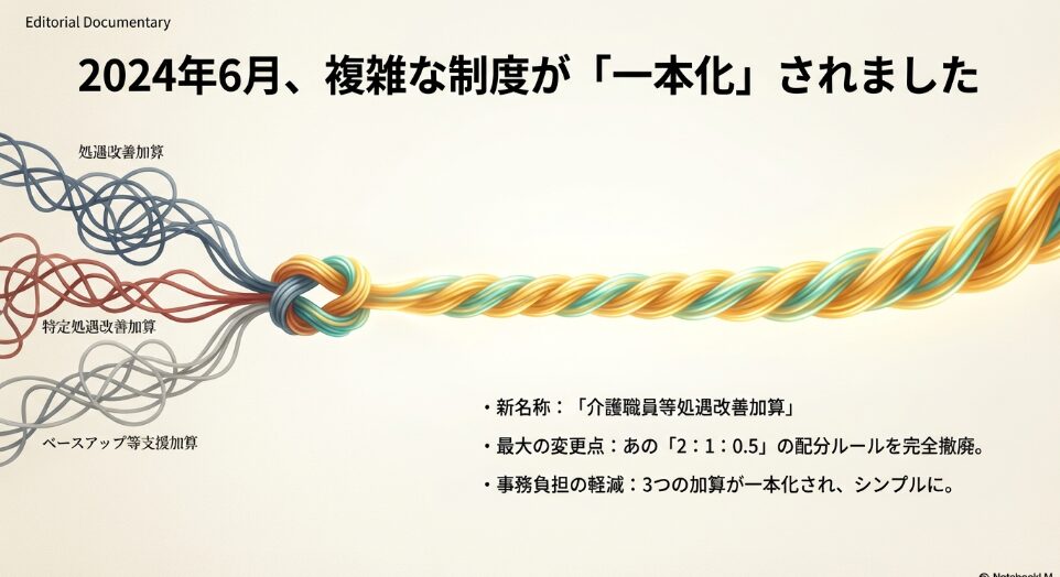 3つの加算が一本化され、「2:1:0.5」のルールが完全撤廃されたことを解説するスライド
