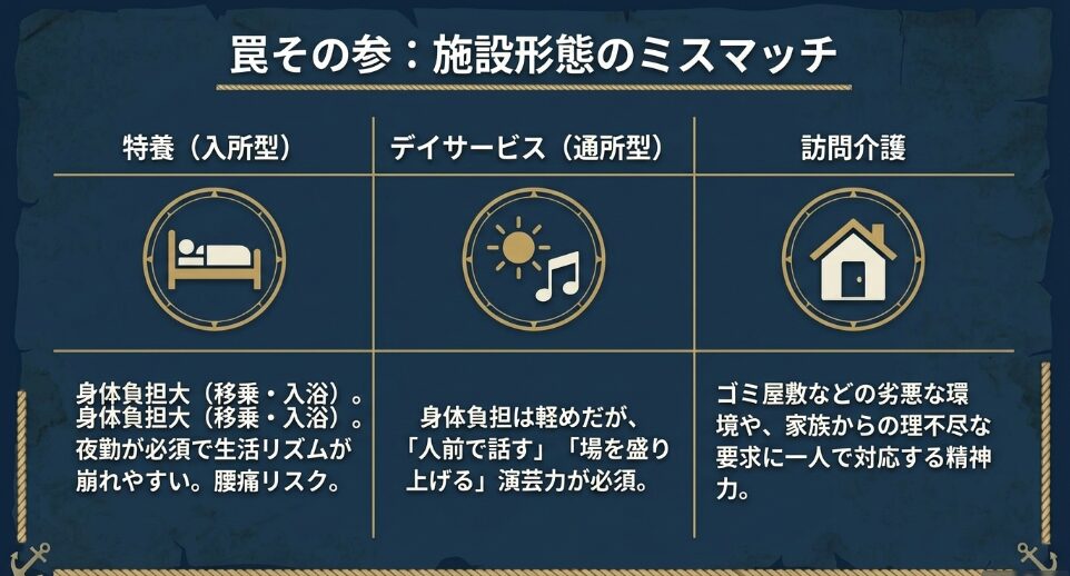 罠その参：施設形態のミスマッチ 。特養（入所型）の身体負担大や夜勤による生活リズム崩壊リスク、デイサービス（通所型）の演芸力の必須性、訪問介護における劣悪な環境や理不尽な要求への一人対応などの比較表 。