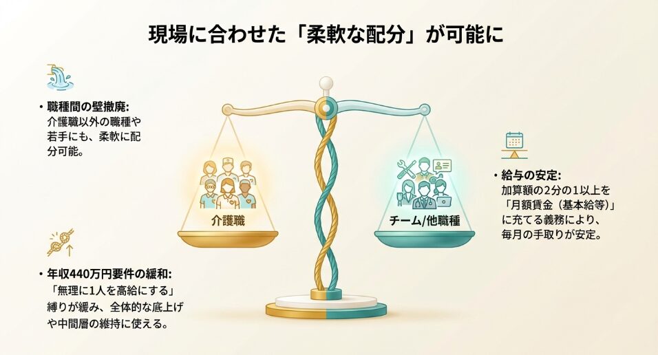 職種間の壁の撤廃や年収440万円要件の緩和により、全体的な底上げや月額賃金の安定が可能になったことを示すスライド