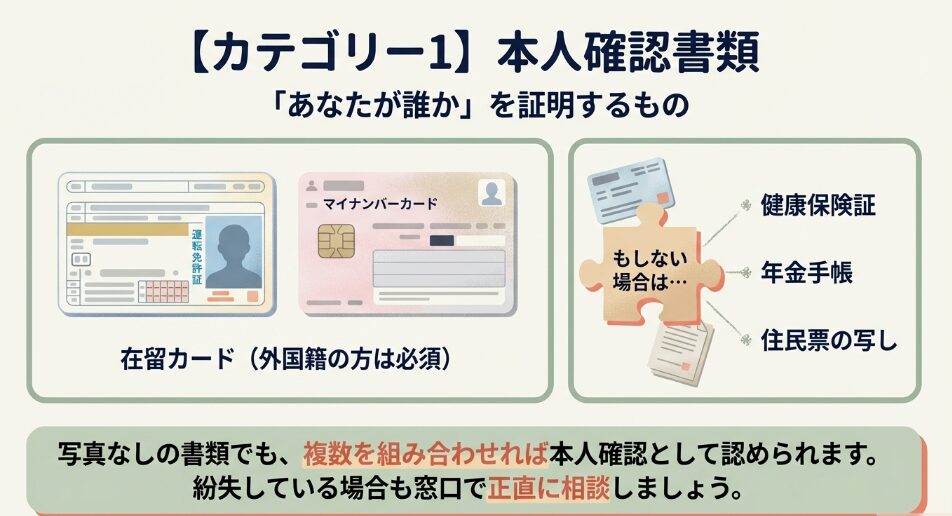 運転免許証やマイナンバーカード、健康保険証、年金手帳など、本人確認として認められる書類のリスト