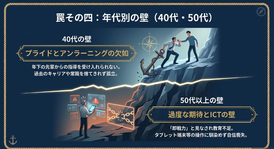 罠その四：年代別の壁（40代・50代） 。40代のプライドとアンラーニングの欠如による孤立 。50代以上への即戦力としての過度な期待と教育不足、タブレット端末などの操作に馴染めないICTの壁 。