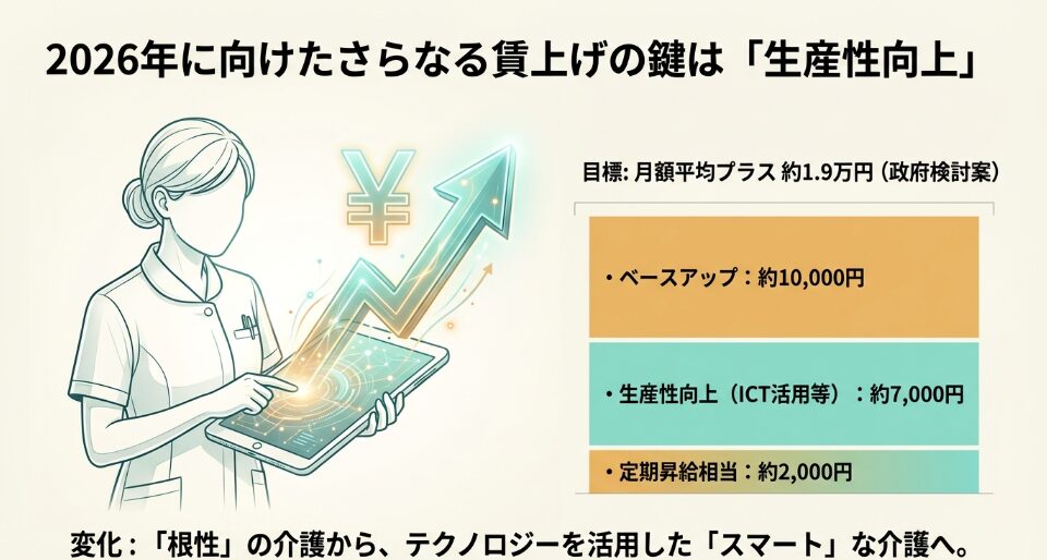 月額平均プラス約1.9万円を目指す政府検討案の内訳（ベースアップ、生産性向上、定期昇給）を示すスライド