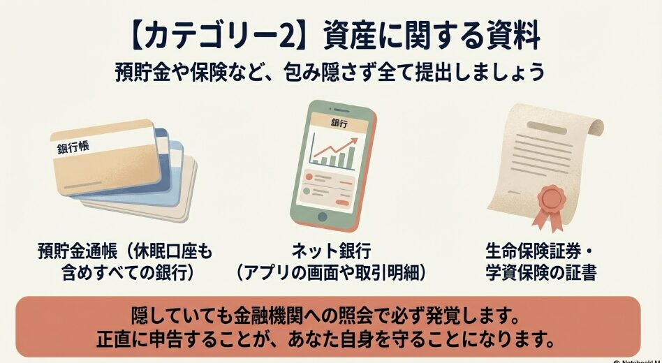 銀行通帳（休眠口座含む）、ネット銀行の画面、生命保険証券など、申告が必要な資産資料のまとめ