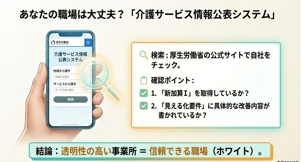 厚生労働省の公式サイトで、新加算の取得状況や見える化要件の具体性をチェックする方法を説明するスライド 。