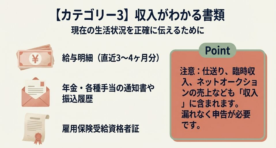 給与明細、年金・手当の通知書、雇用保険受給資格者証など、収入調査に必要な書類の一覧