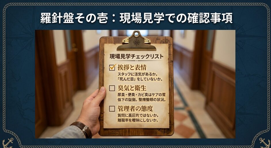 羅針盤その壱：現場見学での確認事項 。スタッフに活気があるかなどの挨拶と表情、尿臭やカビ臭などの臭気と衛生、質問に高圧的でないかなどの管理者の態度を確認する現場見学チェックリスト 。