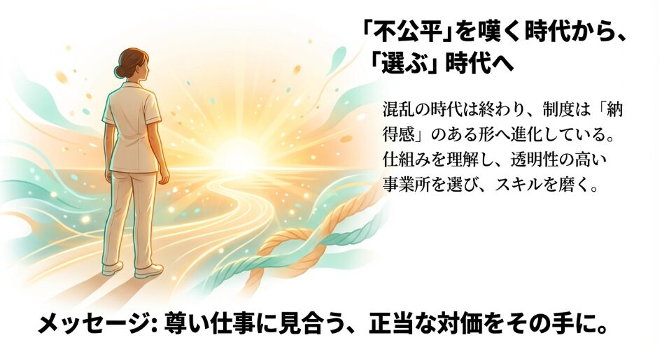 制度を理解し、透明性の高い事業所を選び、正当な対価を手にすることを促すメッセージスライド 。